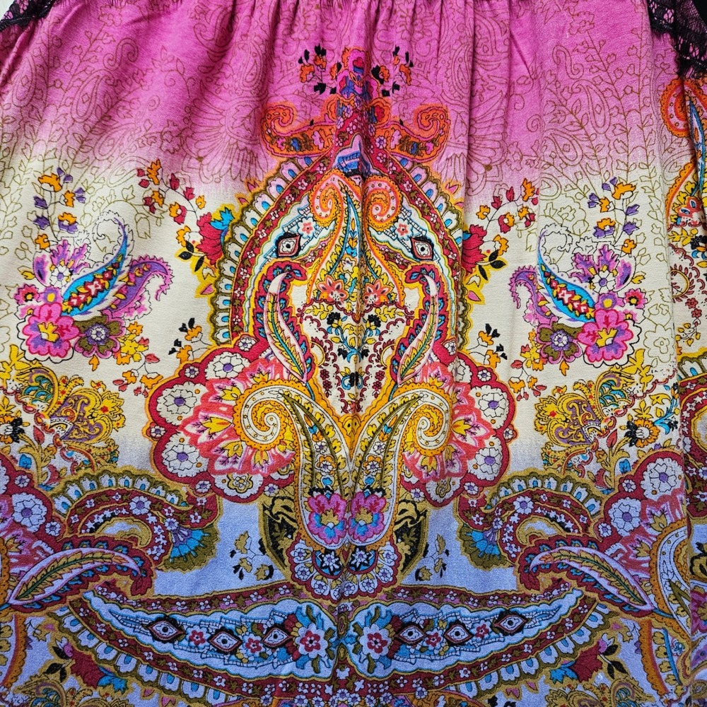 Bila Bohemian Short Sleeve‎ Sheer & Lace Detail Multicolor Floral Blouse Size XL - Picture 3 of 9